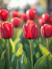 Fototapeta premium Vibrant red tulips bloom in a sunny field during springtime