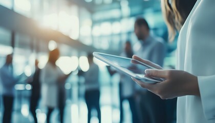 A Woman Uses a Tablet in a Blurred Office Setting