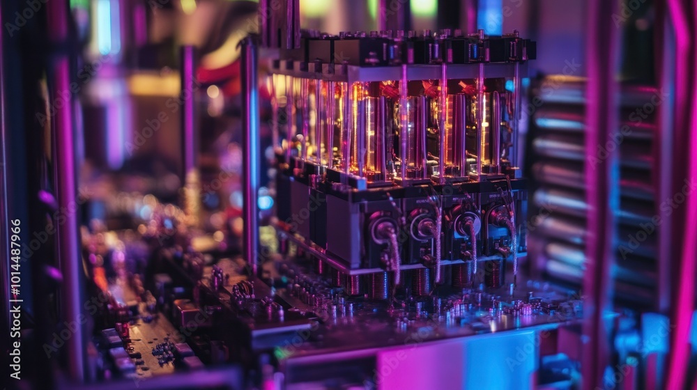 Aufkleber close-up of a computer motherboard with neon lights and rgb cooling system