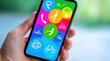 Mobile phone with fitness and communication apps, colorful interface, isolated background.