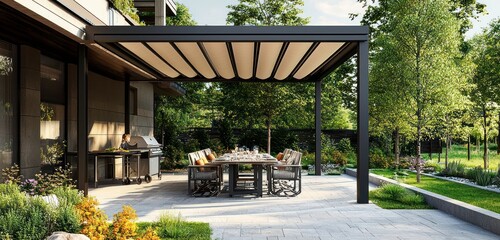 Outdoor culinary events on a contemporary patio with pergola awning and dining setup.
