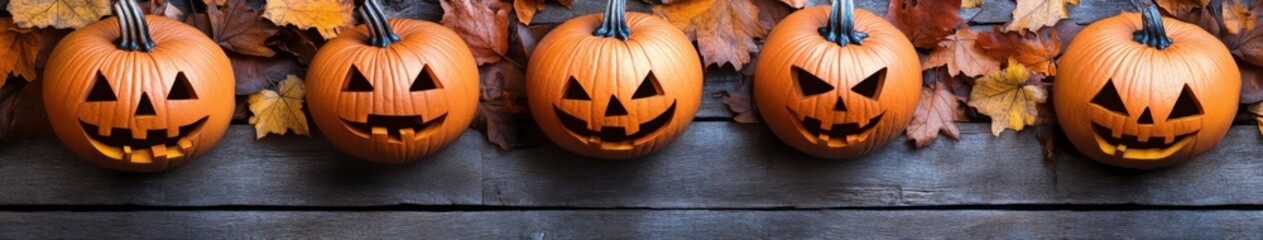 Fototapeta premium Colorful Halloween pumpkins displayed against a rustic wooden background