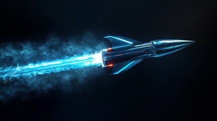 A sleek, silver rocket with a blue glow flies through the air, leaving a trail of blue smoke behind it. The rocket has a pointed nose and a single engine that is firing.