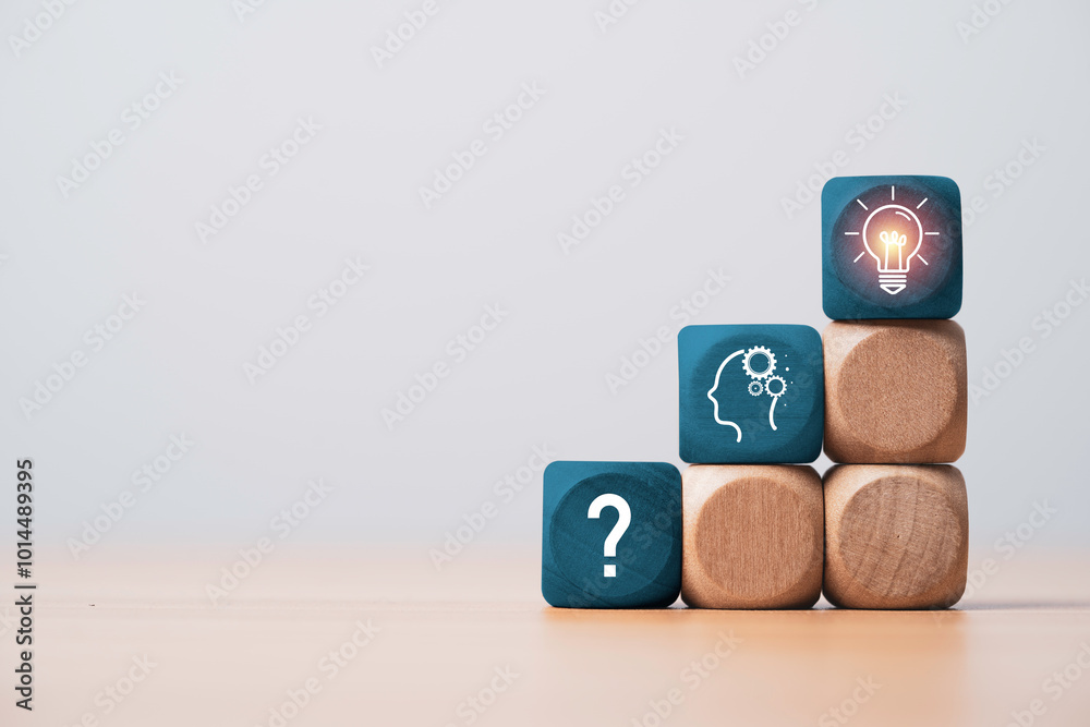 Poster question mark human thinking and glowing lightbulb icon print screen on wooden block cube for proble