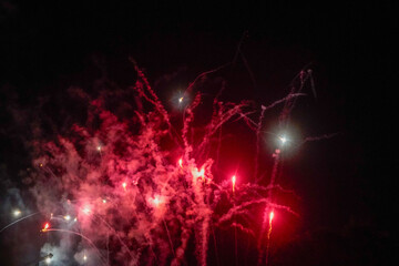Fireworks, on a dark night, with their palm trees and colors, illuminate the darkness, give brightness and distraction to the audience, at the end of the festivities of a small town