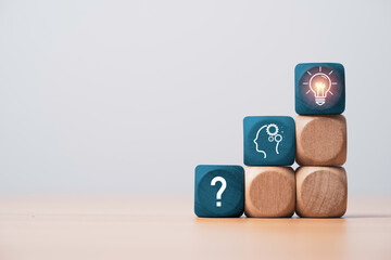 Question mark human thinking and glowing lightbulb icon print screen on wooden block cube for...