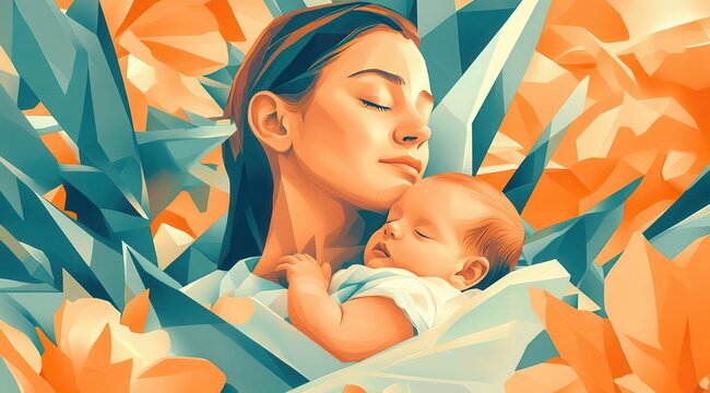 A serene moment of maternal connection as a mother cradles her sleeping baby amidst a vibrant backdrop of orange and green foliage during a sunny afternoon