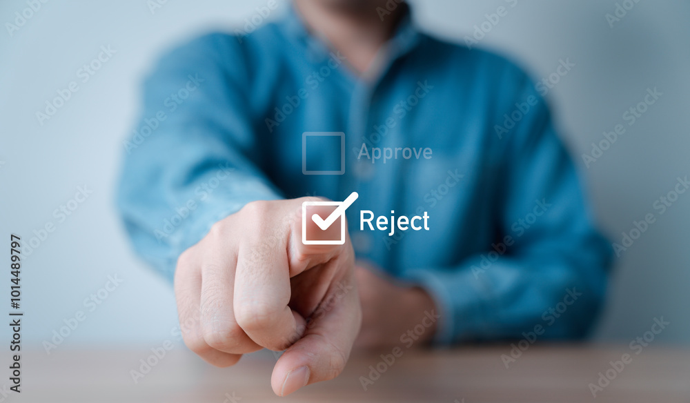 Aufkleber businessman using hand to tick mark on reject box ,rejection and approval project document and finan