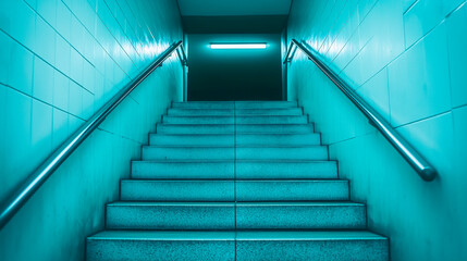Obraz premium Underground Staircase with Neon Lighting in Futuristic Setting