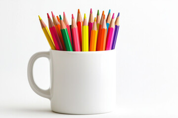 Fototapeta premium A white mug filled with colorful pencils, showcasing a variety of vibrant hues for artistic use.
