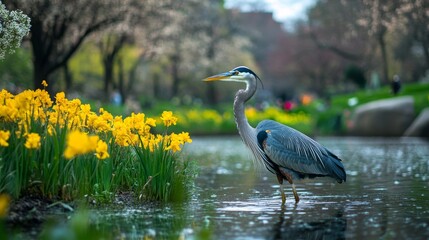 Naklejka premium Great blue heron at urban pond celebrating water birds and the need to protect city wetlands