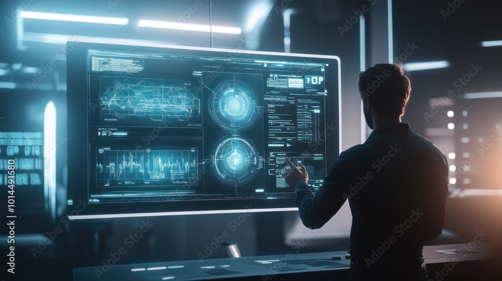 Poster man interacting with a futuristic holographic display