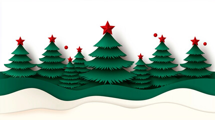 Paper-Cut Style Christmas Trees with Red Stars on White Background