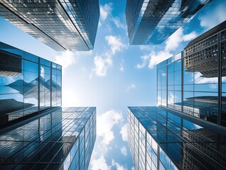 A stock photo of tall buildings with glass facades, forming an X shape in the sky, captured from below looking up at them. The buildings are modern and sleek against the blue sky background. 