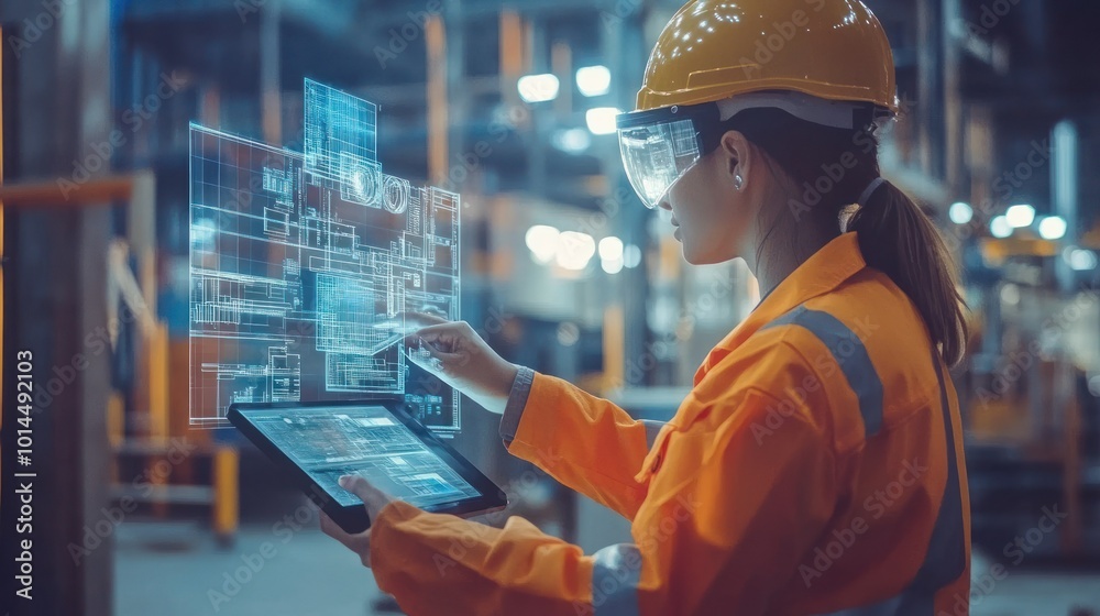 Aufkleber Female Worker in a Factory Using a Tablet with Holographic Interface