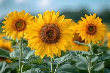 Fototapeta premium Vibrant Sunflower Field Under Blue Sky for Nature and Summer Themes