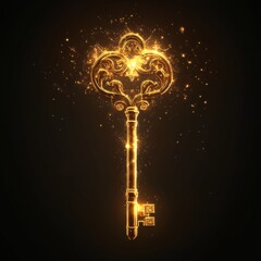 A minimalistic, 3D icon of a golden key with ornate designs, emitting a soft, magical glow and surrounded by subtle light effects