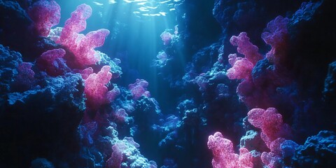 Underwater scene with glowing pink and blue coral reefs.
