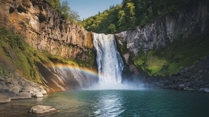 Stunning photo of a cascading waterfall flowing into a crystal-clear pool surrounded by lush greenery. Perfect for nature, travel, and relaxation themes.
