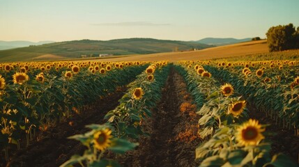 Rows of Sunflowers in a Field at Sunset