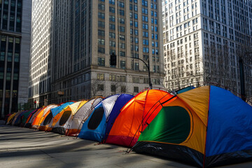 A row of colorful tents set up on a city street, suggesting a temporary living situation or protest.