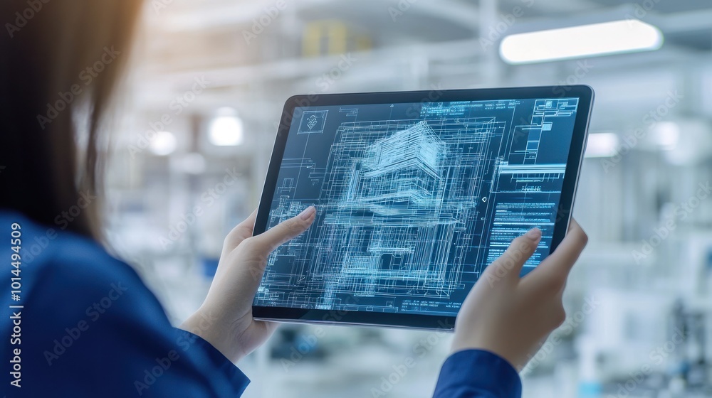 Poster A Person Uses a Tablet to View a 3D Model of a Building
