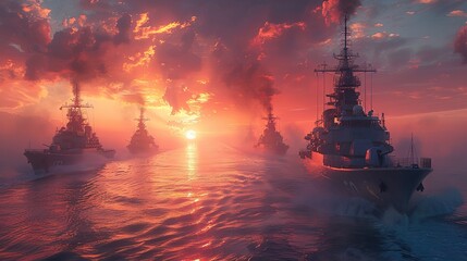 Modern military naval warships in open sea. Military naval exercises 