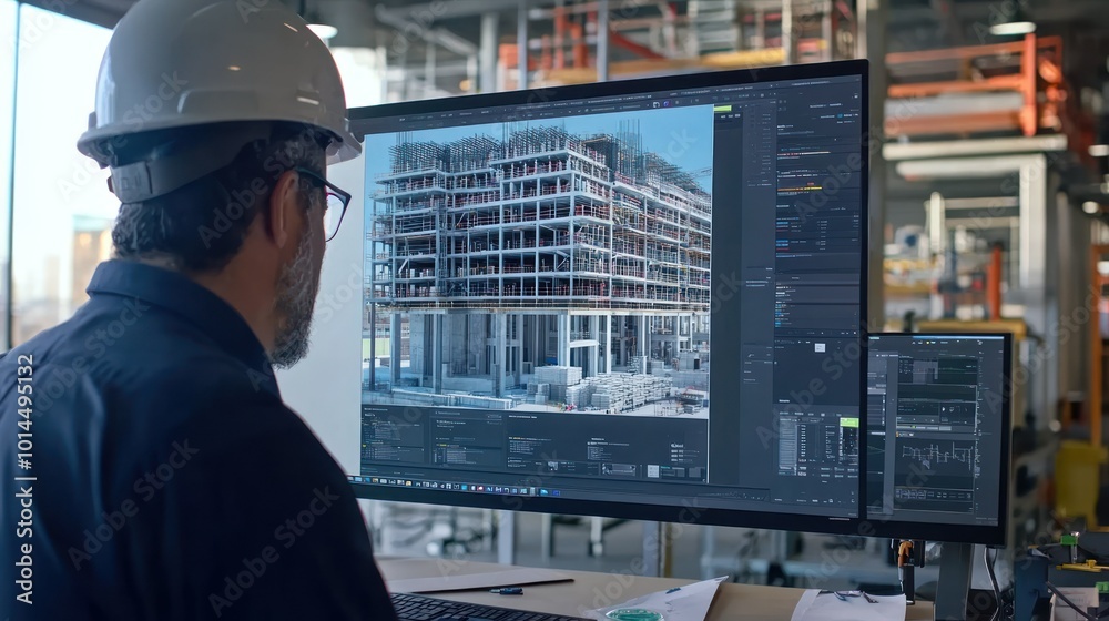 Aufkleber construction worker reviewing building model on computer