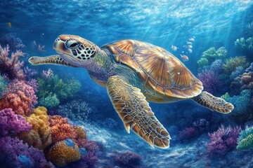 Obraz premium Sea Turtle in Coral Reef