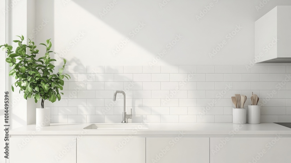 Poster a bright kitchen showcases minimalistic design with white cabinets and a sleek countertop. a small p