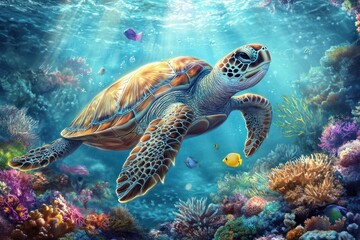 Obraz premium Sea Turtle in a Vibrant Coral Reef