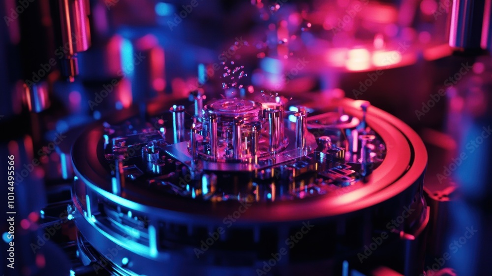 Poster close-up of a metallic mechanism under neon lights
