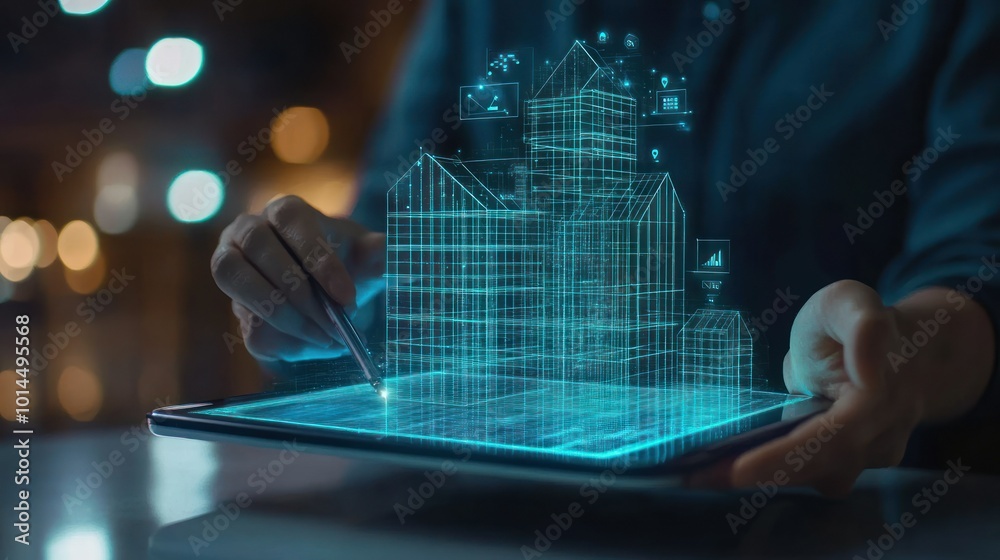 Poster Person Using Tablet to Design a Wireframe of a Building