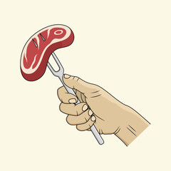 Hand holding raw meat with fork