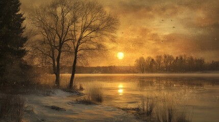 Fototapeta premium Embrace the warmth of a sunset s golden glow over a serene winter landscape of cozy solace
