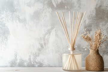 Fototapeta premium diffuser glass bottle mockup with sticks inside on table near light gray wall 