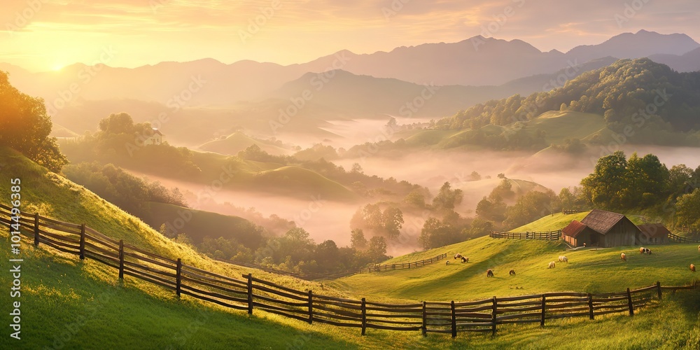 Wall mural Picturesque landscape, fenced ranch at sunrise 