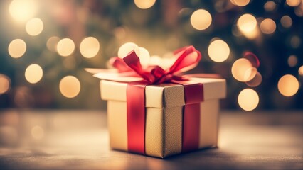 Gift with red ribbon, bokeh background
