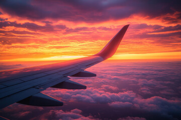 A breathtaking view from an airplane window showcasing a vibrant sunset over the clouds.