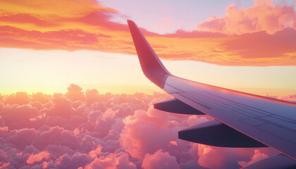 Obraz premium A serene view from an airplane wing, showcasing a vibrant sunset over fluffy clouds.