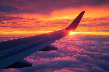 Obraz premium A stunning view from an airplane wing during sunset, showcasing vibrant colors and fluffy clouds below.