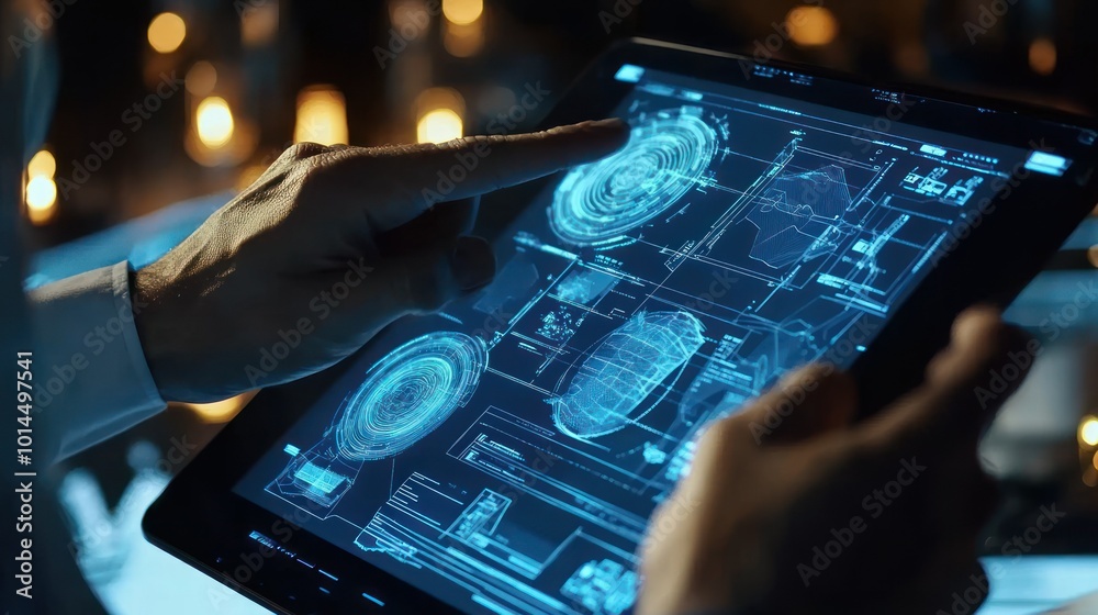 Poster Person Using a Tablet with Blue Digital Data Displayed on the Screen