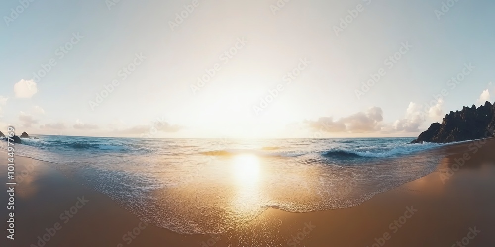 Poster Panorama landscape of sand dunes system on beach at sunrise 