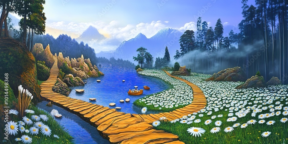 Poster Oil painting landscape - meadow of daisies 