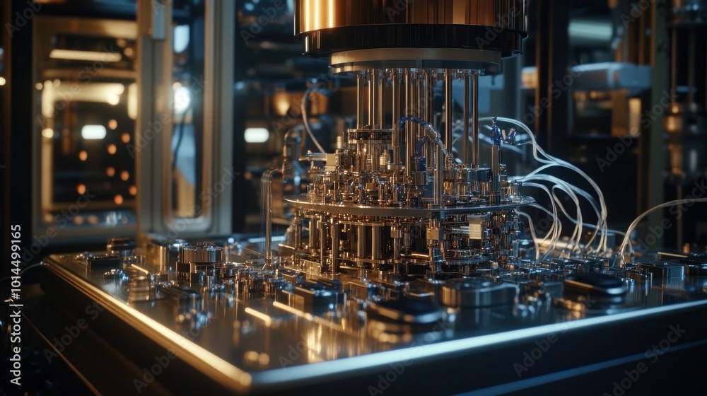 Poster close-up of a complex machine with metal gears and wires