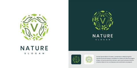 Letter V leaf nature logo design template