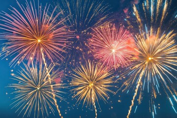 Fototapeta premium Fireworks colorful explosions on blue, festive background with copy space with generative ai