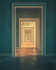 Fototapeta premium mesmerizing infinite hallway with multiple doors leading to bright, illuminated space. symmetry and depth create captivating visual experience