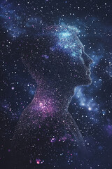 Fototapeta premium human silhouette filled with galaxies and stars, representing vastness of universe and connection between humanity and cosmos. This evokes sense of wonder and exploration