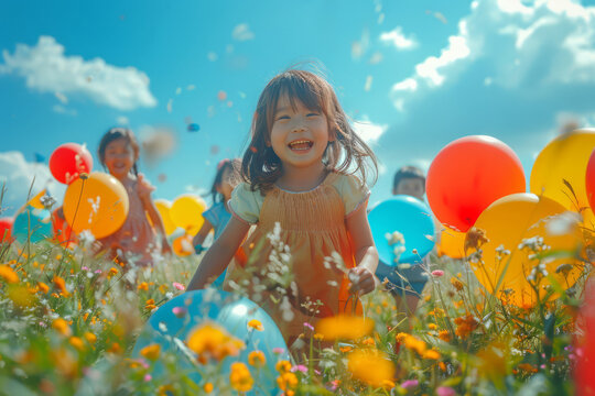 Group of asian children enjoys a sunny summer day in a lush green field, playing with colorful balloons beneath a vibrant blue sky